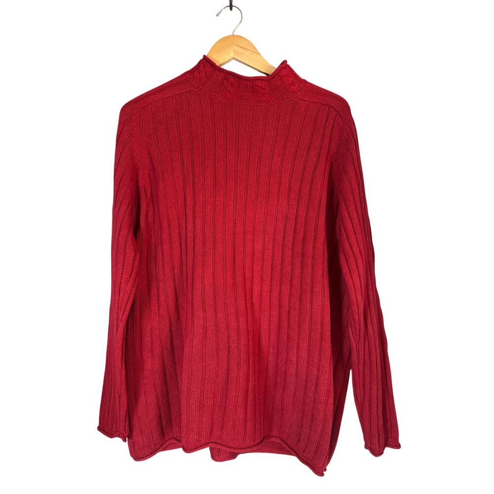 Vintage Red Silk Cashmere Mock Neck Sweater Large Ribbed Cableknit Turtleneck
